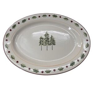 Merry Brite Christmas Platter Serving Tray Trees Holly Berry Ceramic 14" Cream